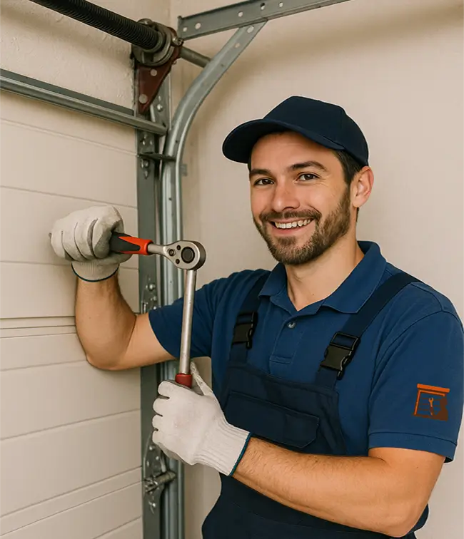 Garage Door Technician Performing Maintenance with a Ratchet Wrench Garage door technician in blue uniform smiling and using a ratchet wrench to adjust the garage door mechanism